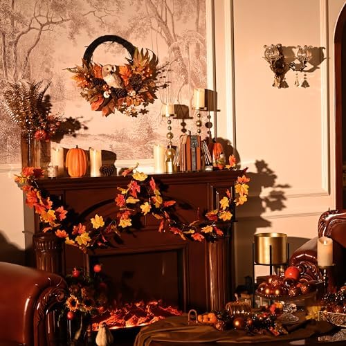 Valery Madelyn 24'' Collapsible Fall Wreath for Front Door with Owl Pumpkin