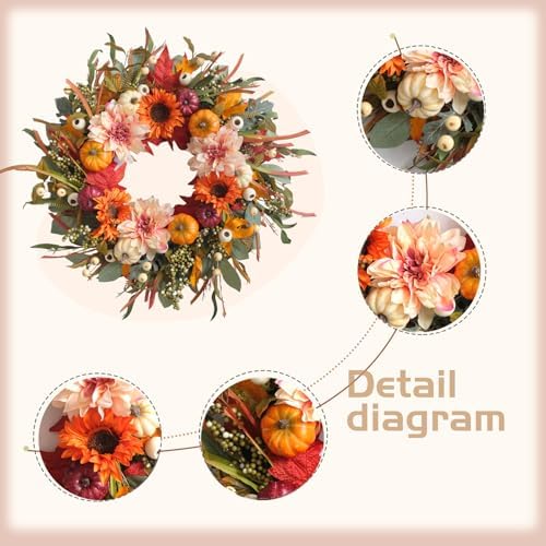 24 Inch Fall Wreaths for Front Door Artificial Flower Wreath with Sunflowers Pumpkin Leaves Large Autumn Farmhouse Wreath for Inside Outside Wall Porch Harvest Thanksgiving Day Decor