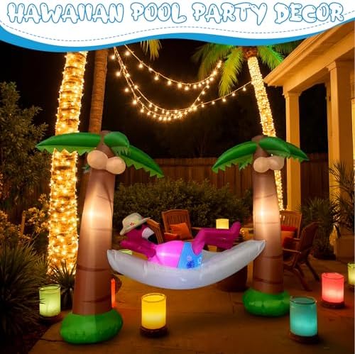 Shappy 5ft Inflatable Palm Tree, LED Lighted Flamingo Hammock Yard Decor