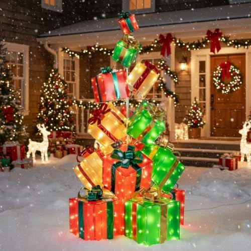 Tangkula 5.6 FT Christmas Lighted Gift Box Tower, 15 PCS Stacked Boxes Tree