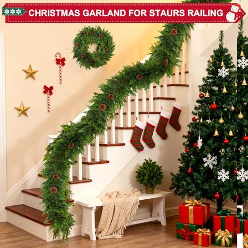 9 Ft Christmas Cedar Garland - Cypress Garlands,Artificial Real Touch Pine Garlands - Garland Xmas Decorations for Table, Mantle, Wall, Indoor, Outdoor Christmas Decorations