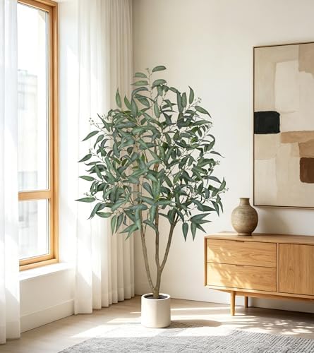 Eucalyptus Trees Artificial Indoor - 2PCS 5FT Tall Faux Eucalyptus Plants in White Planter, Fake Plant Décor for Farmhouse Bedroom Office Room Hallway Decoration