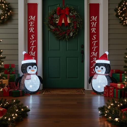 27.5-Inch Lighted Christmas Penguin for Outdoor Christmas Decorations, Pop-Up Penguin Yard Decor with 45 Cool White LEDs, Battery-Operated Timer, Collapsible Metal Frame for Porch and Lawn