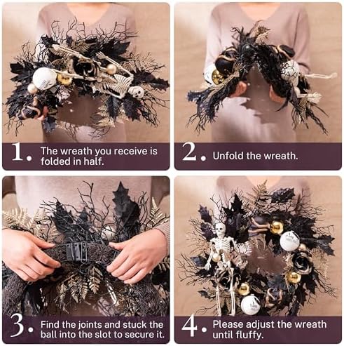 DecorbyHannah 24'' Skeleton Halloween Wreath with Lights for Front Door