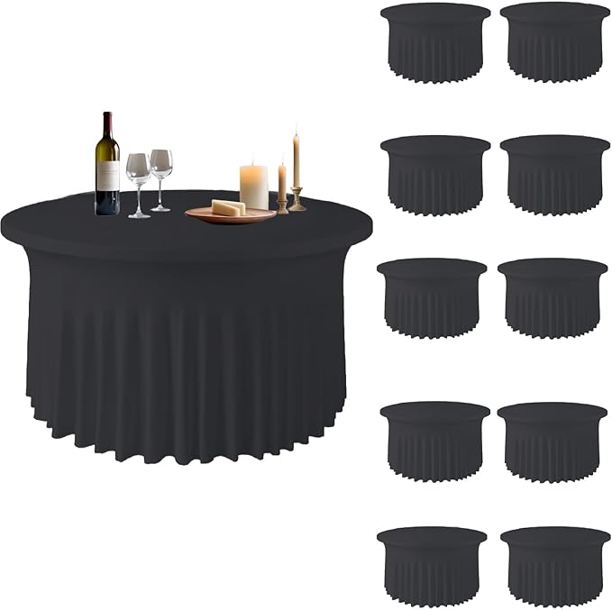 10 Pack Black Round Spandex Tablecloths for 60in Tables, 120Inch Stretchy Fitted 5FT Round Table Clothes,Wrinkle Free Table Cover with Skirt for Wedding Party Dining Banquet