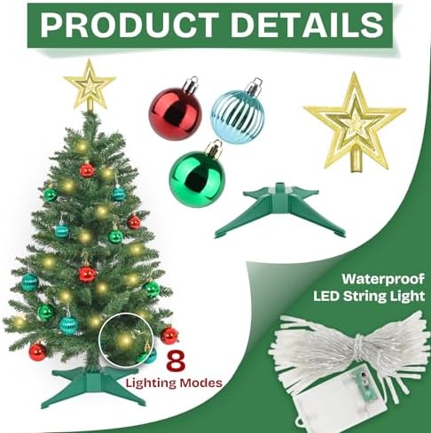 SUNSHINE DECOR Green Christmas Tree with Light 3ft Artifical Full Christmas Tree with Ball & Star Ornaments 8 Lighting Modes for Holiday Decor