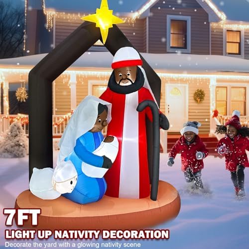 Black Santa Christmas Decorations, 7 Ft Tall 5 Ft Long African American Christmas Inflatable Black Nativity Scene Outdoor Decoration, Blow Up Jesus Manger Set with Built-in LEDs Xmas Decor Yard Lawn