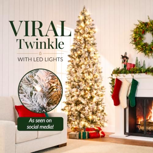 Best Choice Products 4.5ft Flocked Pencil Christmas Tree w/Twinkling LEDs, Pre-Lit Slim Artificial Holiday Decoration, Lighted Skinny w/Base, 150 Lights, 268 Tips, Warm White Lights