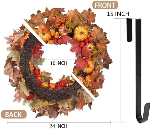 Thanksgiving Fall Wreath for Front Door 24 Inch Pumpkins Autumn Wreaths