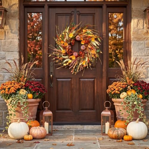 26 Inch Pumpkin Fall Wreath for Front Door Outside with Pinecones Berries