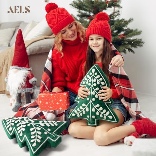 AELS Embroidered 18.5" Merry Christmas Tree Decorative Throw Pillow, Set of 2, Holiday Throw Pillows for Christmas Decor, Plush Tree Shaped Decorative Pillows for Living Room Bedroom Sofa, Green