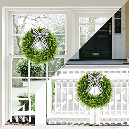 Vlorart 24" Large Boxwood Wreath for Front Door, Artificial Greenery Wreath with Plaid Bow, Full Lush Spring Summer Farmhouse Wall, Window & Wedding Decor