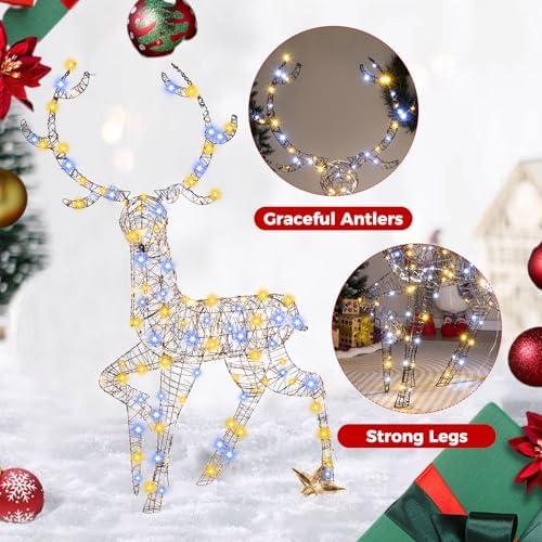 Goplus 4.6 FT Pre-Lit Christmas 3D Reindeer, 170 LED Lighted Christmas Buck with Zip Ties & Ground Stakes for Indoor & Outdoor Decor