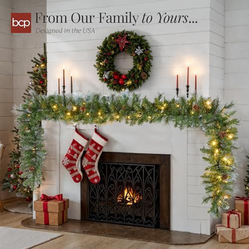 Best Choice Products 9ft Pre-Lit Christmas Garland Holiday Décor for Stairs, Mantel, w/Pine Cones, 2-in-1 White & Multi LED Lights