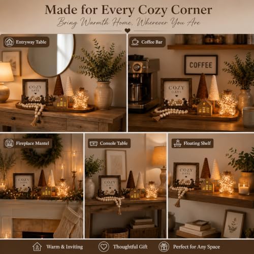 Farmhouse Home Decor Set, Glass Star Fairy Light, Lighted House & Trees