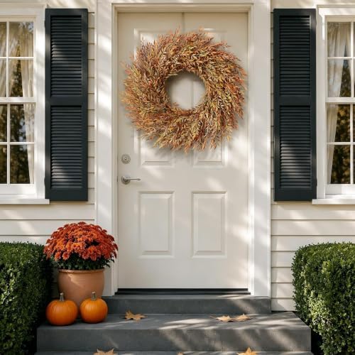 26" Artificial Fall Nandina Wreath for Front Door Decoration (Orange-Green)