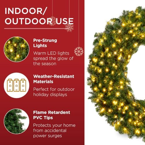 Best Choice Products 24in Large Artificial Pre-Lit Fir Christmas Wreath Holiday Accent Decoration w/ 50 LED Lights, 100 PVC Tips