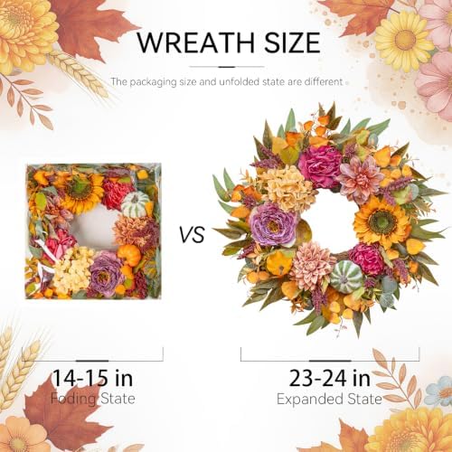 24 Inch Artificial Fall Wreaths for Front Door Outside with Sunflower,Peony
