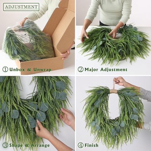 22" Artificial Eucalyptus & Saw Grass Wreath for Front Door Decor