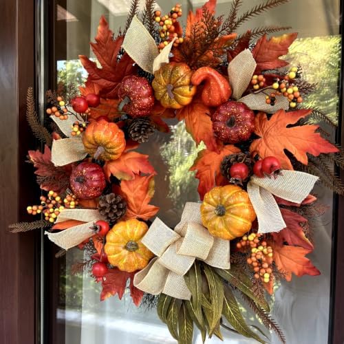 24 Inch Fall Wreath for Front Door, Autumn Harvest Outdoor Decoration