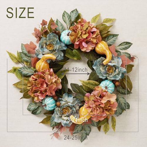 DecorbyHannah 24'' Fall Wreath for Front Door with Lights & Peony Hydrangea