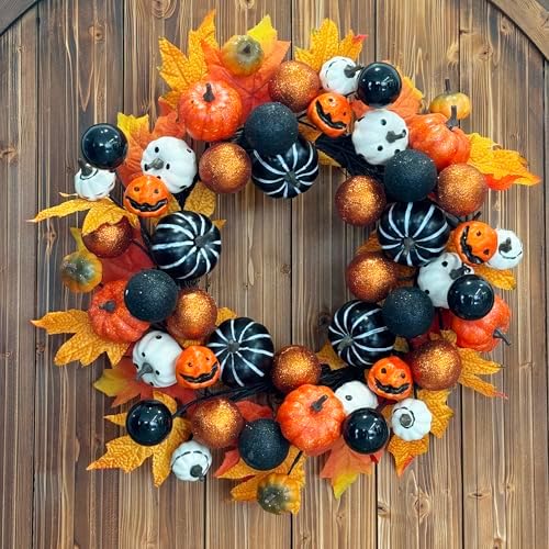 TOKCARE 22 Inch Halloween Wreath for Front Door with Pumpkins and Ornaments