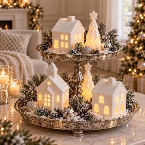 Christmas Village Sets, 5-Piece Ceramic Houses and Pine Trees, Xmas Decor