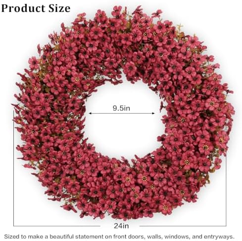 24" Burgundy Fall Wreath for Front Door, Artificial Mums Autumn Wreath