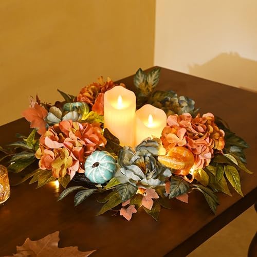 DecorbyHannah 24'' Fall Wreath for Front Door with Lights & Peony Hydrangea