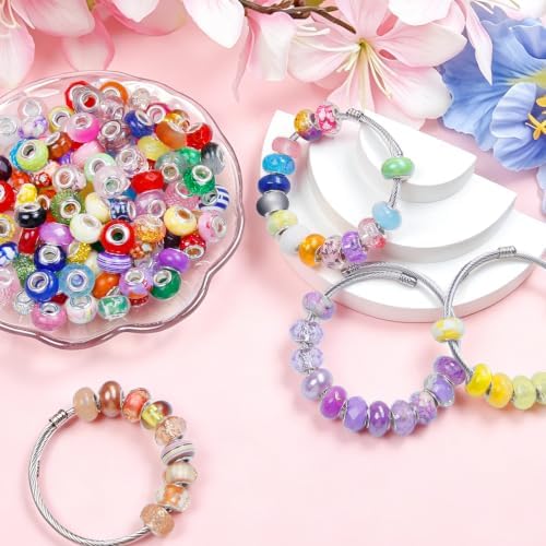 500 Pcs European Craft Beads Large Hole Spacer Beads, Assorted European Craft Bead White Rhinestone Lampwork Beads Large Hole Spacer Bead for DIY Charms Bracelet Necklace Jewelry Making Supplies