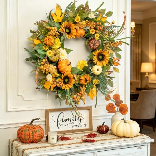 24 Inch Fall Wreaths for Front Door Outside with Sunflowers,Pumpkins,Leaves