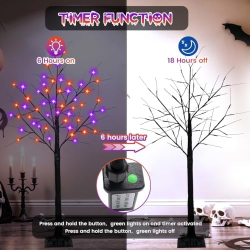 Set of 3 Lighted Black Halloween Tree Lights 4/5/6FT 300 LED Orange Purple