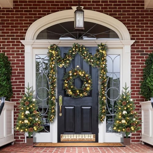 VINGLI Pre-lit 5-Piece Set Christmas Tree with LED Lights, Christmas Garlands, Wreath and Set of 2 Entrance Trees Artificial Christmas Porch Decorations, Gold