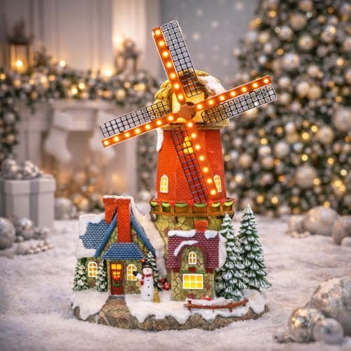 MOMENTS IN TIME Lighted Windmill Christmas Village Building LED Lights & Animation 12.2” Handcrafted House Battery Operated Holiday Decoration Gift Wrapped Ready