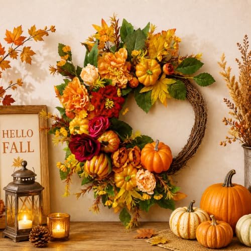 Suncalla Fall Wreath for Front Door 20" Autumn Pumpkin Maple Leaves