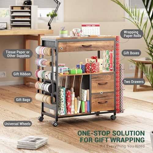 PUNLUXU Wrapping Paper Storage Cart for 12 Rolls with Ribbon Holder 04