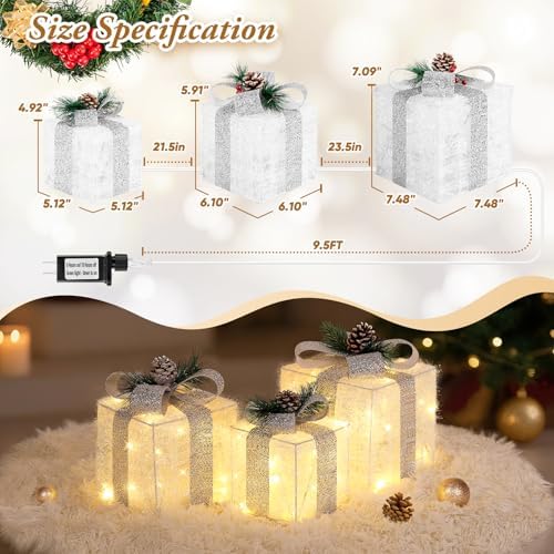 Towponics Set of 3 Christmas Lighted Gift Boxes with Plug, Indoor Outdoor Christmas Decorations with 60 LED Warm White Mini String Lights, Present Boxes with Silver Tinsel for Xmas Tree Porch Decor