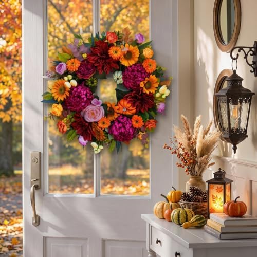 24 Inch Fall Wreath for Front Door, Artificial Harvest Fall Wreath
