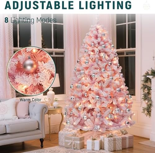 YITAHOME 6FT Prelit Pink Flocked Christmas Tree with Warm-White Lights