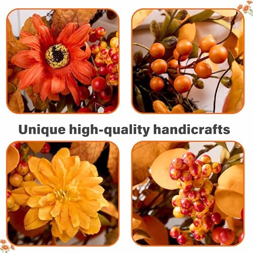 Artificial Fall Wreath 22 Inch Fall Wreaths for Front Door with Orange Berries Daisies Eucalyptus Leaves Autumn Door Wreaths for Thanksgiving Harvest Festival Wall Porch Farmhouse