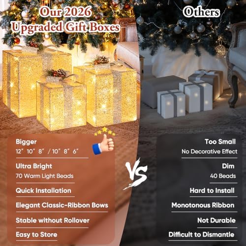 Brightever 10" 8" 6" Set of 3 Christmas Lighted Gift Boxes - Pre-lit 70 LED Plug-in Larger Present Boxes Outdoor Christmas Decorations, Warm White Prelit Xmas Ornaments for Tree Porch Yard Lawn Decor