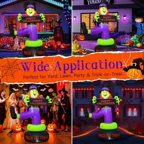 6FT Rotating Halloween Inflatables Outdoor Witch, 360° Swivel Base Lighted with Built-in LEDs, Holding Happy Halloween Sign, Waterproof & Windproof Decoration for Yard Garden Lawn