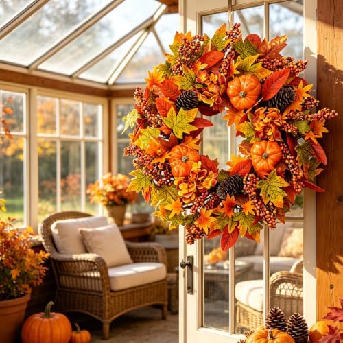 24 Inch Harvest Fall Wreath, Farmhouse Pumpkin Pinecone Autumn Wreath with Maple Leaves & Hydrangeas, Rustic Artificial Wreath for Front Porch Wall Window, Thanksgiving Home Decor