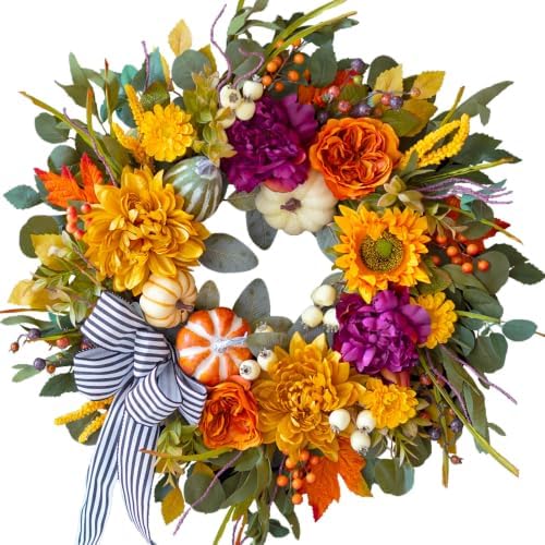 24 Inch Artificial Fall Wreaths for Front Door Outside with Striped Bow