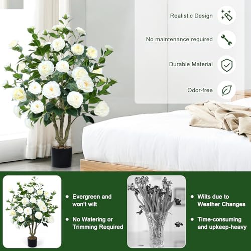 Artificial Camellia Tree 2 Pack 42" with 32 Blooming Flowers in Pot White