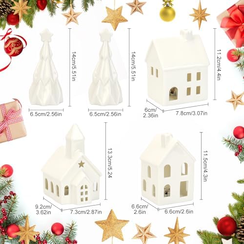 Christmas Village Sets, 5-Piece Ceramic Houses and Pine Trees, Xmas Decor