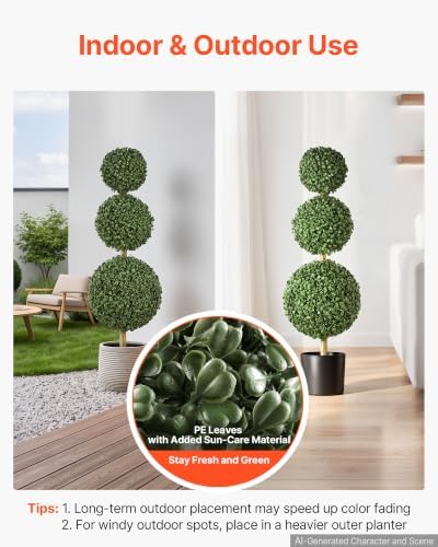 VEVOR Artificial Boxwood Topiary Triple Ball 3 Ft Set of 2 Greenery Decor