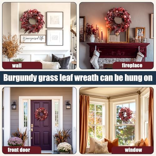 22" Burgundy Fall Wreath for Front Door Artificial Eucalyptus Wreaths