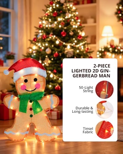 2-Piece Lighted 2D Gingerbread Man Christmas Decorations Outdoor with 50 L