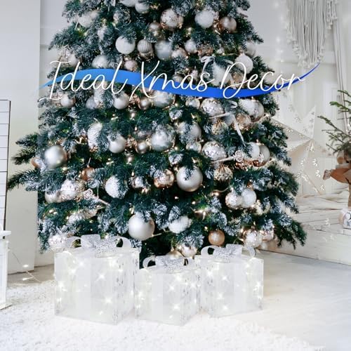 Towponics Set of 3 Christmas Lighted Gift Boxes, Outdoor Christmas Decorations with 60 LED Cool White Mini String Lights, Present Boxes with Bows and Snowflake Design for Xmas Tree Porch Mantel Decor